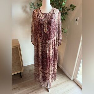 Johnny Was Jade Collection Pamplona Silk Metallic Paisley Midi Dress Size L NWOT